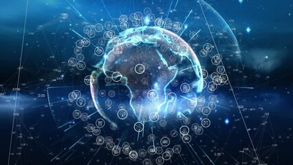 Poster - Animation of globe and network of connections with icons over blue background