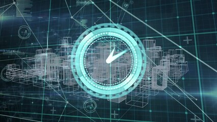 Poster - Animation of clock moving over data processing and metaverse city