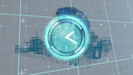 Poster - Animation of clock moving over globe and metaverse city