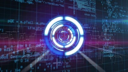 Poster - Animation of processing circle over diverse data and metaverse city on black and pink background