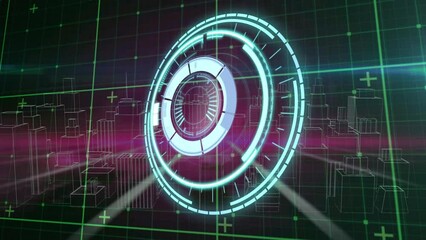 Poster - Animation of processing circle over diverse data and metaverse city in black and pink space