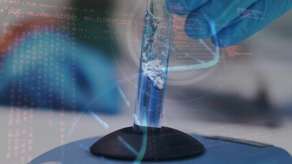 Poster - Animation of dna strand and data processing over close up of scientist working in lab