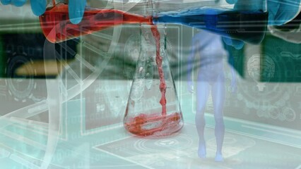 Poster - Animation of dna strand and data processing over midsection of scientist working in lab