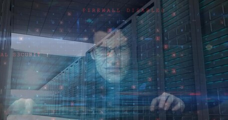 Poster - Animation of digital security warnings, over hacker using computer, server room and data processing