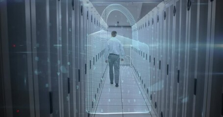 Aufkleber - Animation of cyber attack warning and padlock over caucasian man in server room