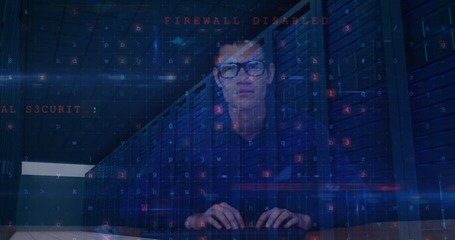 Poster - Animation of cyber attack warning and data processing over male hacker and computer servers