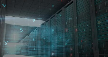 Poster - Animation of cyber attack warning over caucasian woman in server room