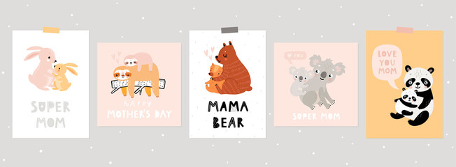 Fototapete - Mother's Day hand drawn style cards. posters with cute animal characters - mother and baby - panda, bear, koala, sloth, penguin and rabbit.