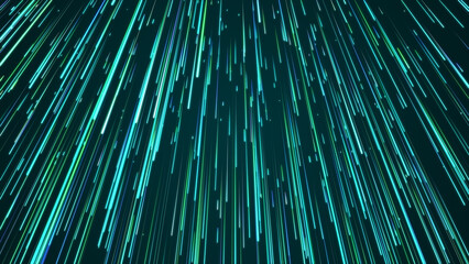 Poster - Green hyper jump. Digital hyperspace with stars explosion. Abstract futuristic speed background. Dynamic motion lines on blue backdrop. 3D rendering.