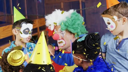 Poster - Animation of confetti falling over diverse children and clown at birthday party