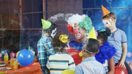 Poster - Animation of digital brain over diverse children and clown at birthday party