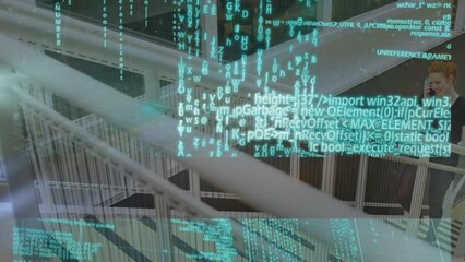 Poster - Animation of financial data processing over caucasian businesswoman in office