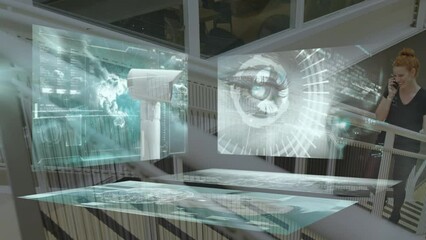 Poster - Animation of financial data processing over caucasian businesswoman in office