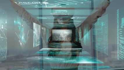 Poster - Animation of financial data processing over caucasian businesswoman in office