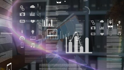 Poster - Animation of financial data processing and icons over diverse business people in office
