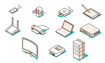 Wall Mural - Isometric IT, Technology and Computer icon set on white background, line drawing