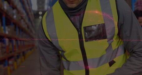 Poster - Animation of financial data processing over caucasian worker in warehouse