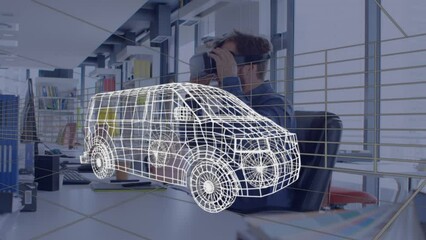 Poster - Animation of digital 3d drawing of car over man using vr headset
