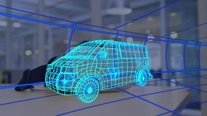 Canvas Print - Animation of digital 3d drawing of car over vr headset