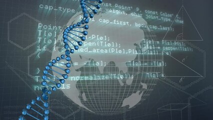 Poster - Animation of spinning dna strand over data processing and globe