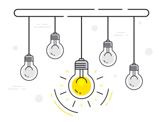 Poster - hanging light bulbs with one glowing. trendy lightbulb energy icons. idea concept with lamps on whit