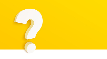 Wall Mural - 3d question mark on yellow background. Ask help information icon. Faq or Quiz big symbol. Doubt, inquiry background. Banner with big 3d question mark. Help desk concept. Vector