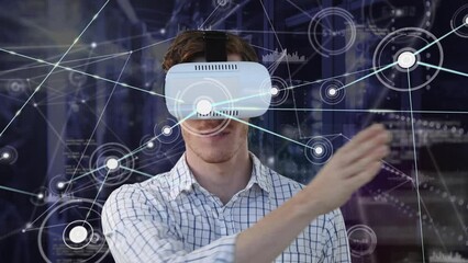 Poster - Animation of network of connection with icons over man using vr headset