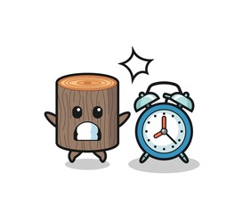 Wall Mural - Cartoon Illustration of tree stump is surprised with a giant alarm clock