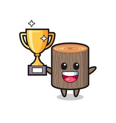 Wall Mural - Cartoon Illustration of tree stump is happy holding up the golden trophy