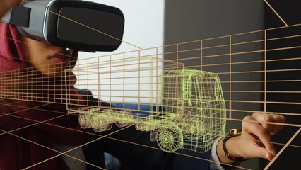 Aufkleber - animation of digital 3d drawing of car over woman using vr headset