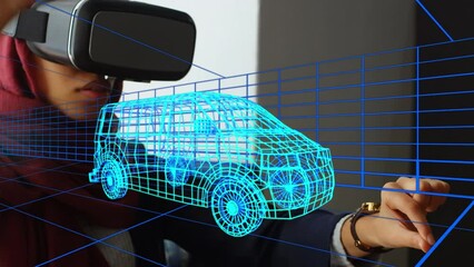 Aufkleber - animation of digital 3d drawing of car over woman using vr headset