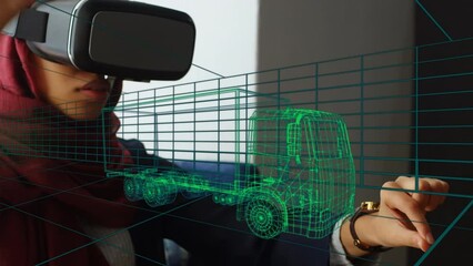 Aufkleber - animation of digital 3d drawing of car over woman using vr headset