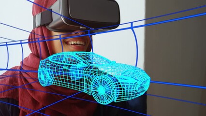 Aufkleber - animation of digital 3d drawing of car over woman using vr headset