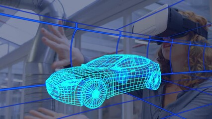 Poster - Animation of digital 3d drawing of car over woman using vr headset