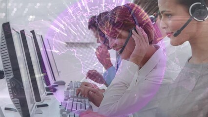 Poster - Animation of globe over business people using phone headsets