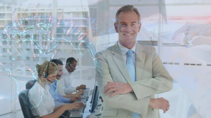 Poster - Animation of globe over business people using phone headsets