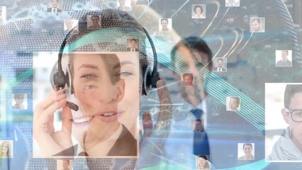 Poster - Animation of network of connections over business woman using phone headset