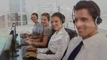 Poster - Animation of globe over business people using phone headsets