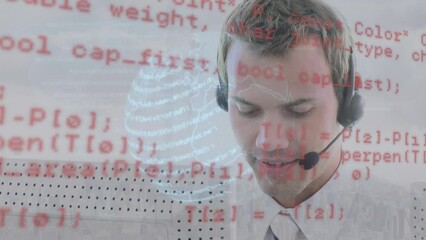 Poster - Animation of globe and data processing over business man using phone headset