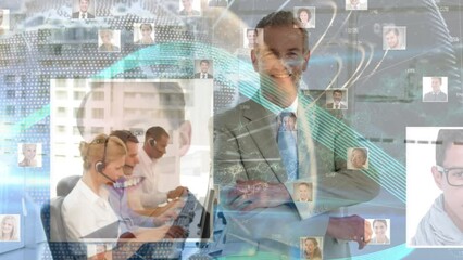 Poster - Animation of network of connections over business people using phone headsets