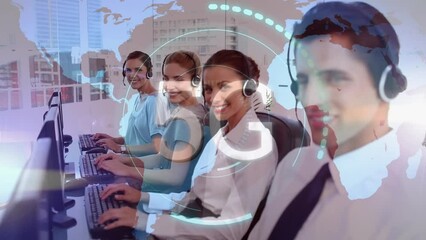 Sticker - Animation of 5g text over business people using phone headsets