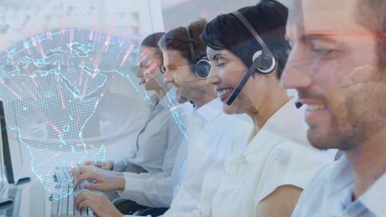 Poster - Animation of globe over business people using phone headsets