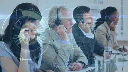 Poster - Animation of globe over business people using phone headsets