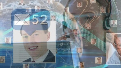 Poster - Animation of network of connections over business woman using phone headset