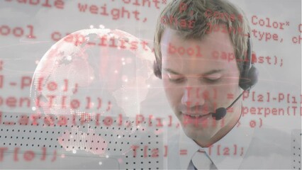 Poster - Animation of globe and data processing over business man using phone headset
