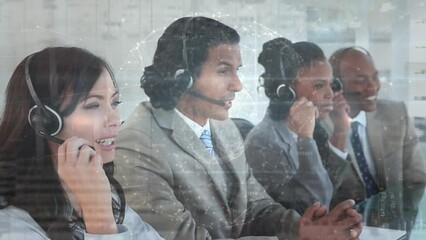 Poster - Animation of globe over business people using phone headsets
