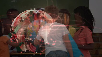 Wall Mural - Animation of digital globe over diverse and schoolchildren reading globe