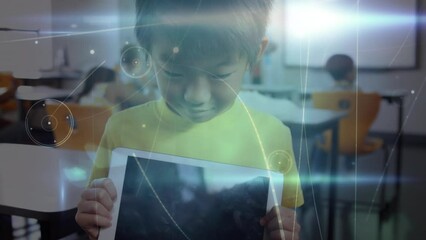 Poster - Animation of networks of connections over asian schoolboy using tablet