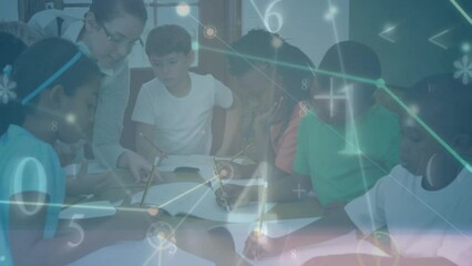 Poster - Animation of networks of connections and numbers over diverse schoolchildren and teacher