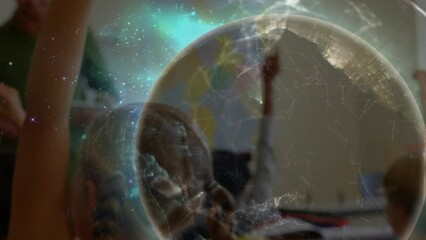 Poster - Animation of globe over diverse schoolchildren raising hands